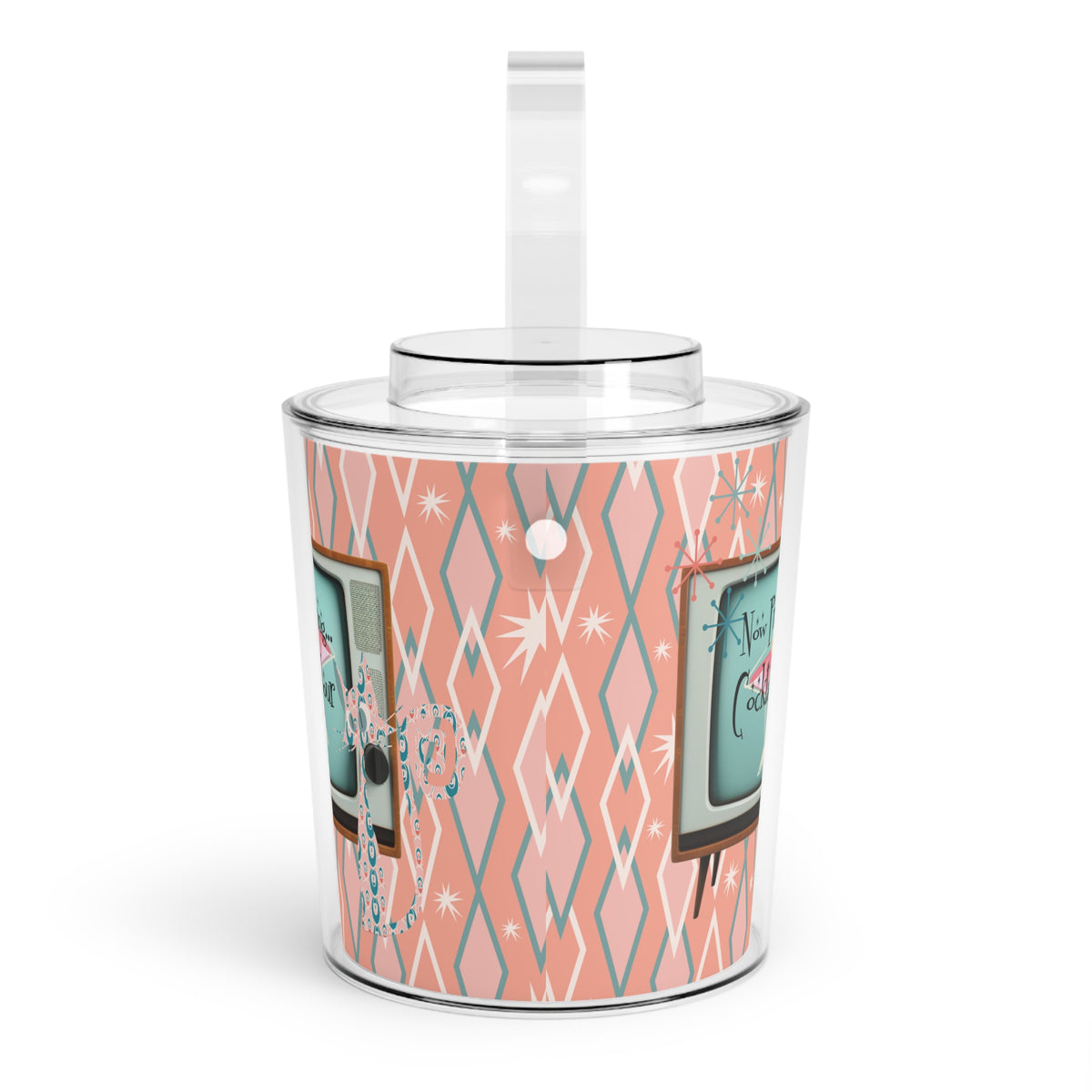 Mid Century Modern Barware, Atomic Cat, Now Presenting Cocktail Hour, Kitschy 50s Designed, Retro Ice Bucket with Tongs - Mid Century Modern Gal