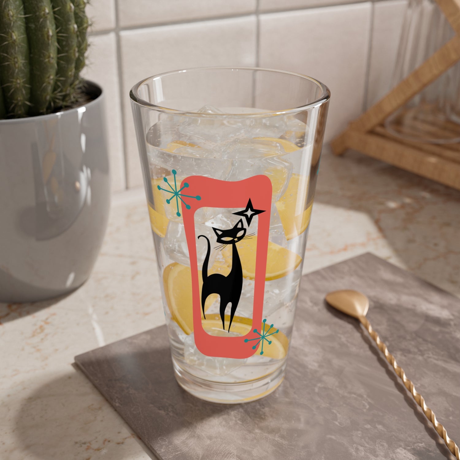 MCM Atomic Cat Mid Century Modern Barware, Shaker Glass, MCM Retro Cat - Mid Century Modern Gal