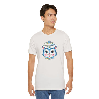 Mid Century Modern Kitschy Anthropomorphic Blue Cat with Floral Hat Unisex T-Shirt