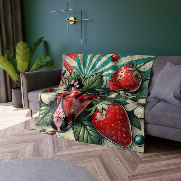 Vintage Strawberry Crushed Velvet Blanket, Cozy Home Décor, Retro Style Throw, Ideal for Gift, Floral Throw for All Occasions