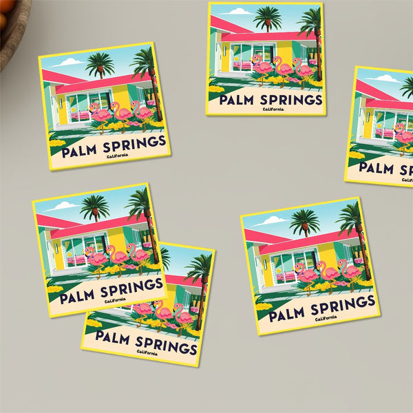 Kitschy Mod Palm Springs California Flamingo Mod Ceramic Coasters, MCM Barware Gifts
