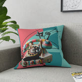 Atomic Cat Quirky Retro Rotary Phone, Kitschy Mid Mod, Pink, Aqua, Teal Broadcloth Pillow - Mid Century Modern Gal