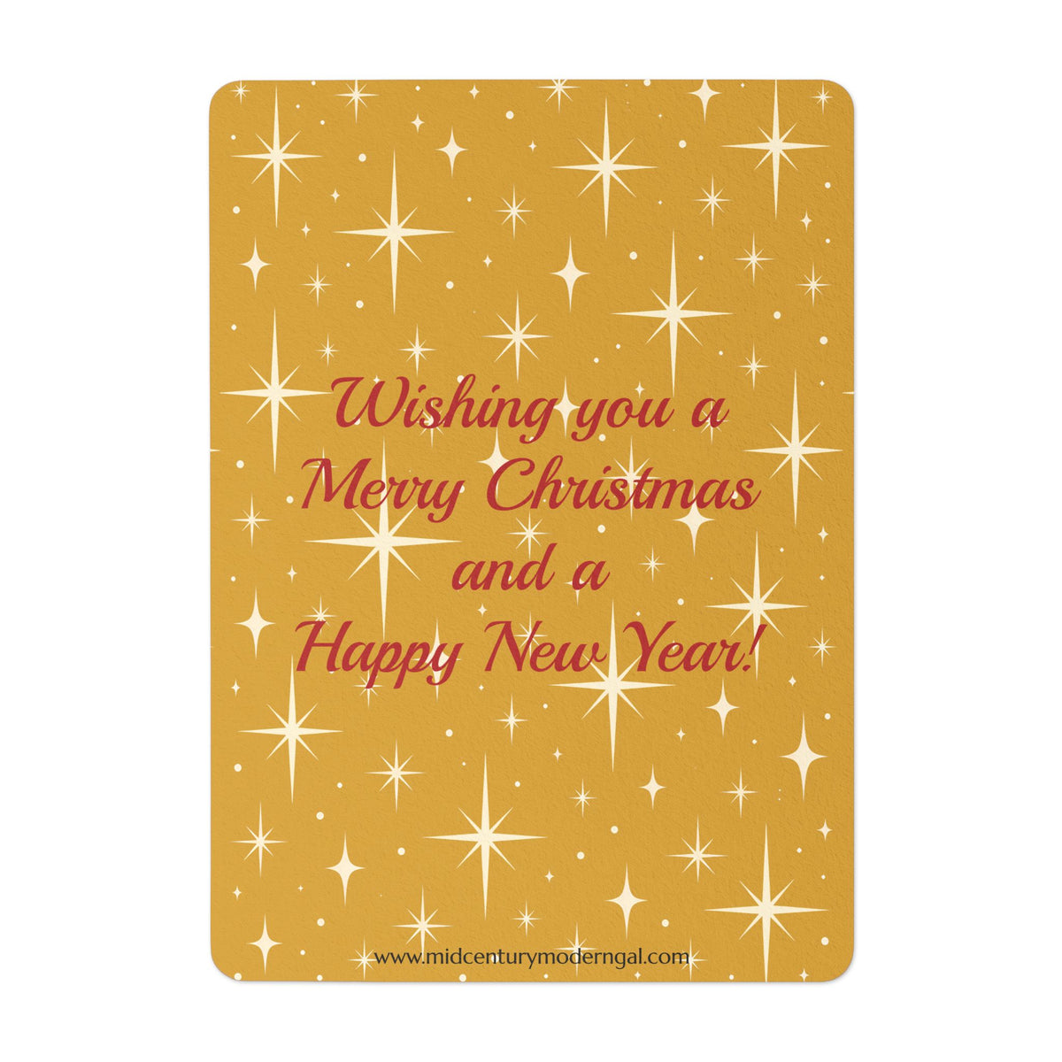 Mid Century Modern Christmas Glamour Gal Wrapping Presents by Tree, Gold Atomic Starbursts Flat Postcard Style Christmas Greeting Cards
