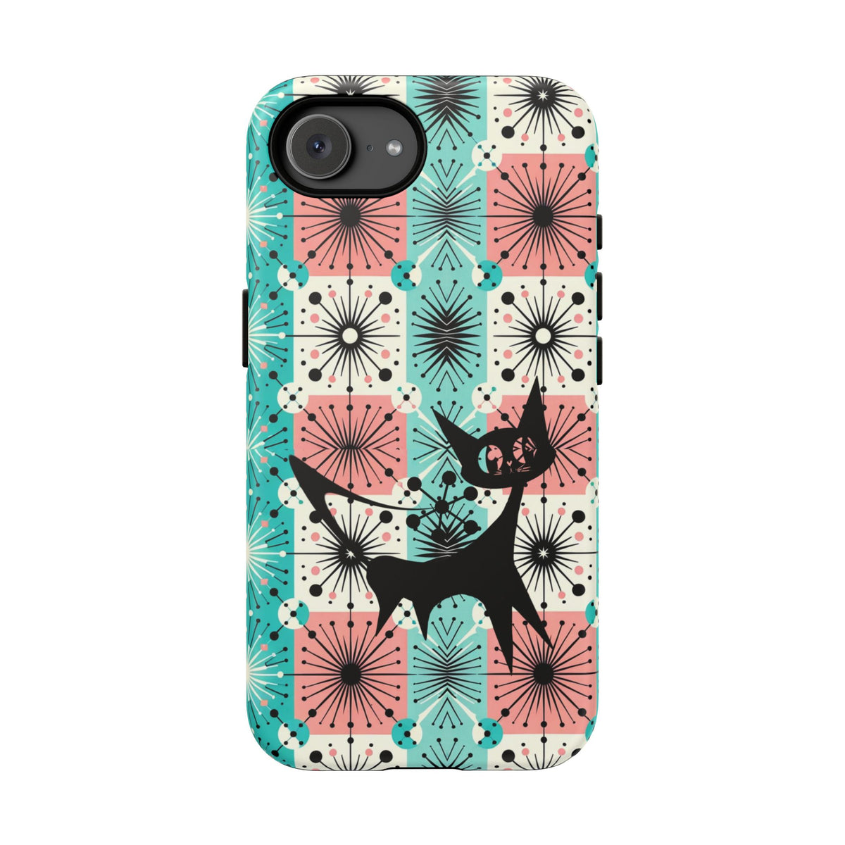 Atomic Kitschy Cat, Mid Century Modern Pink, Aqua Starbursts Tough Phone Case