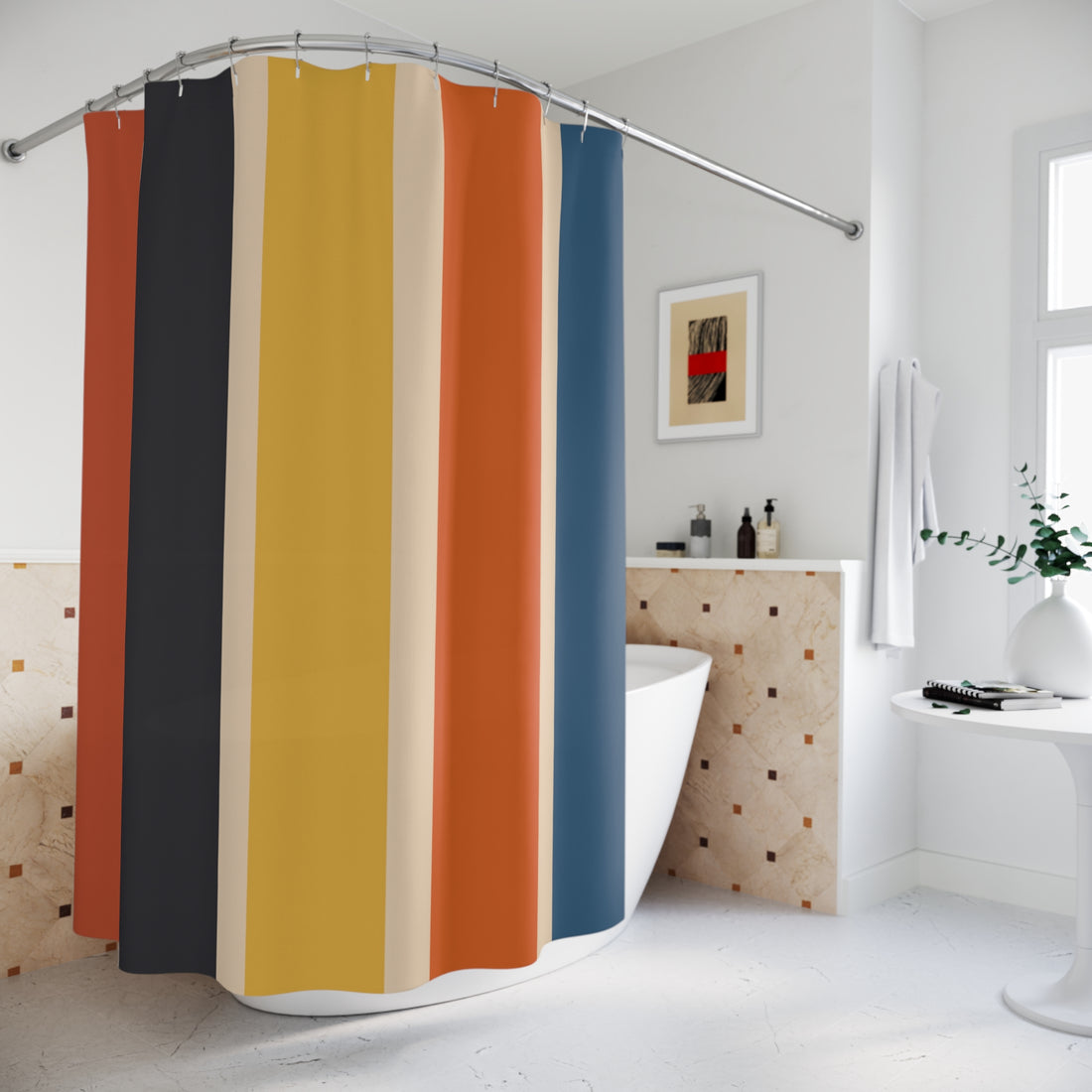 Retro Mid Mod Scandinvain Clean Lined Shower Curtain Striped Bathroom Decor, Modern Home Vibrant Pattern - Mid Century Modern Gal