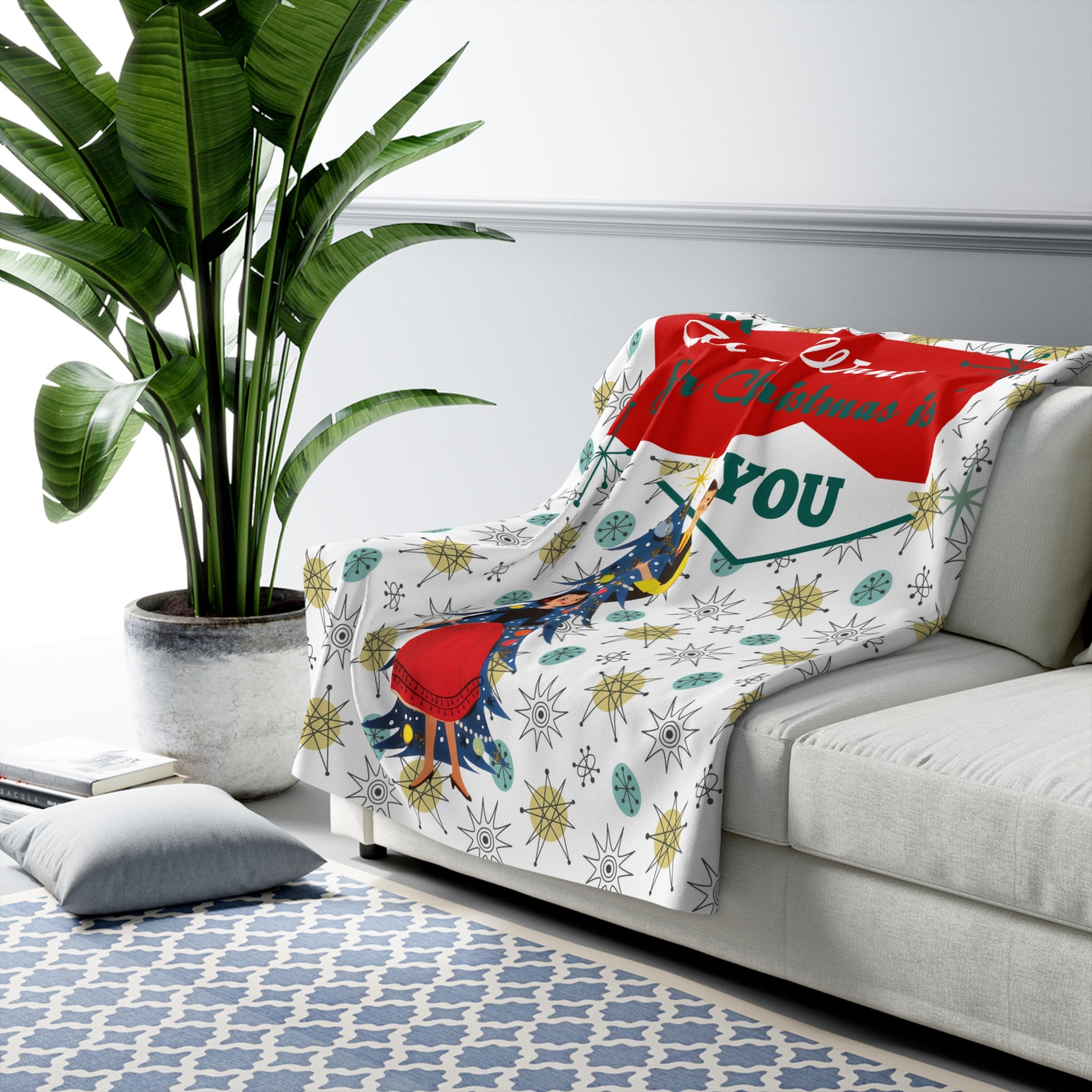 Retro Vintage Kitschy Christmas Blanket, All I Want For Christmas Is You - Mid Century Modern Gal