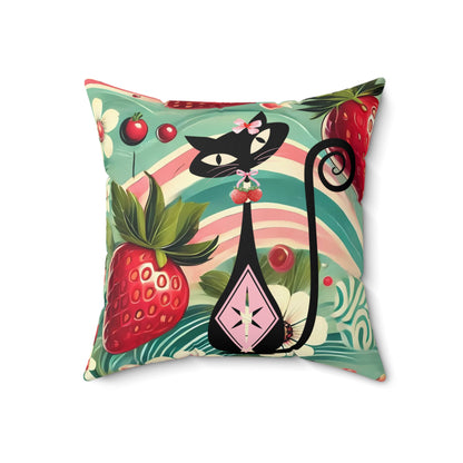 Whimsical Atomic Cat &amp; Strawberry Decorative Pillow - Cozy Home Accent - Mid Century Modern Gal