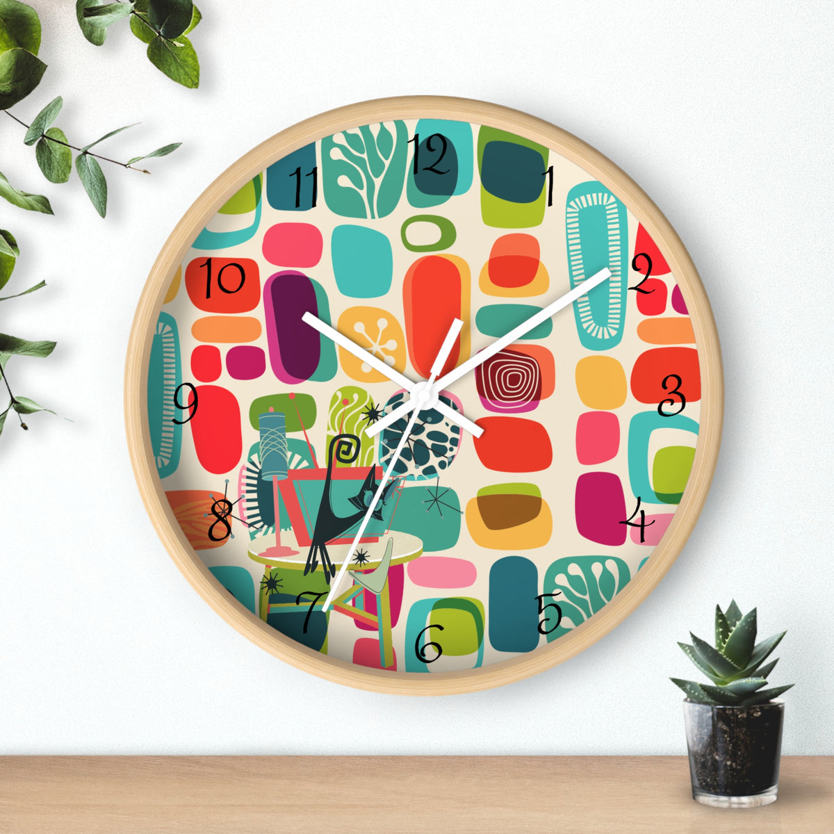 Mid Mod Amoeba Design With Kitschy Atomic Cat, Quirky Fun Retro Wall Clock - Mid Century Modern Gal