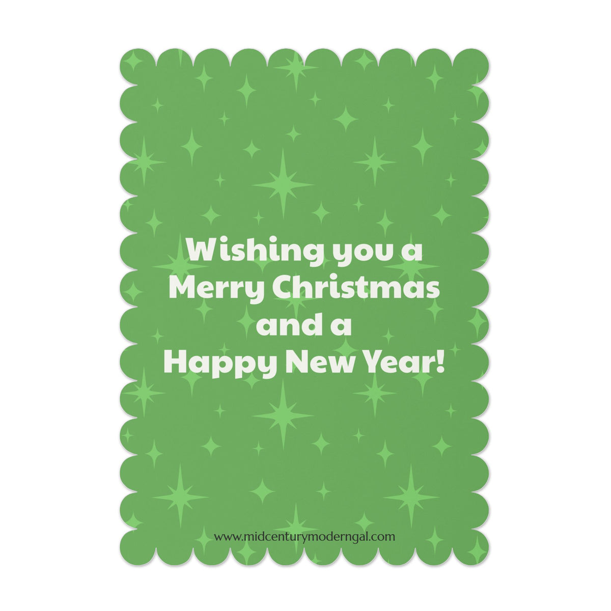 Mid Century Modern Gal Decorating Christmas Tree, Green Atomic Starbursts Flat Postcard Style Christmas Greeting Cards