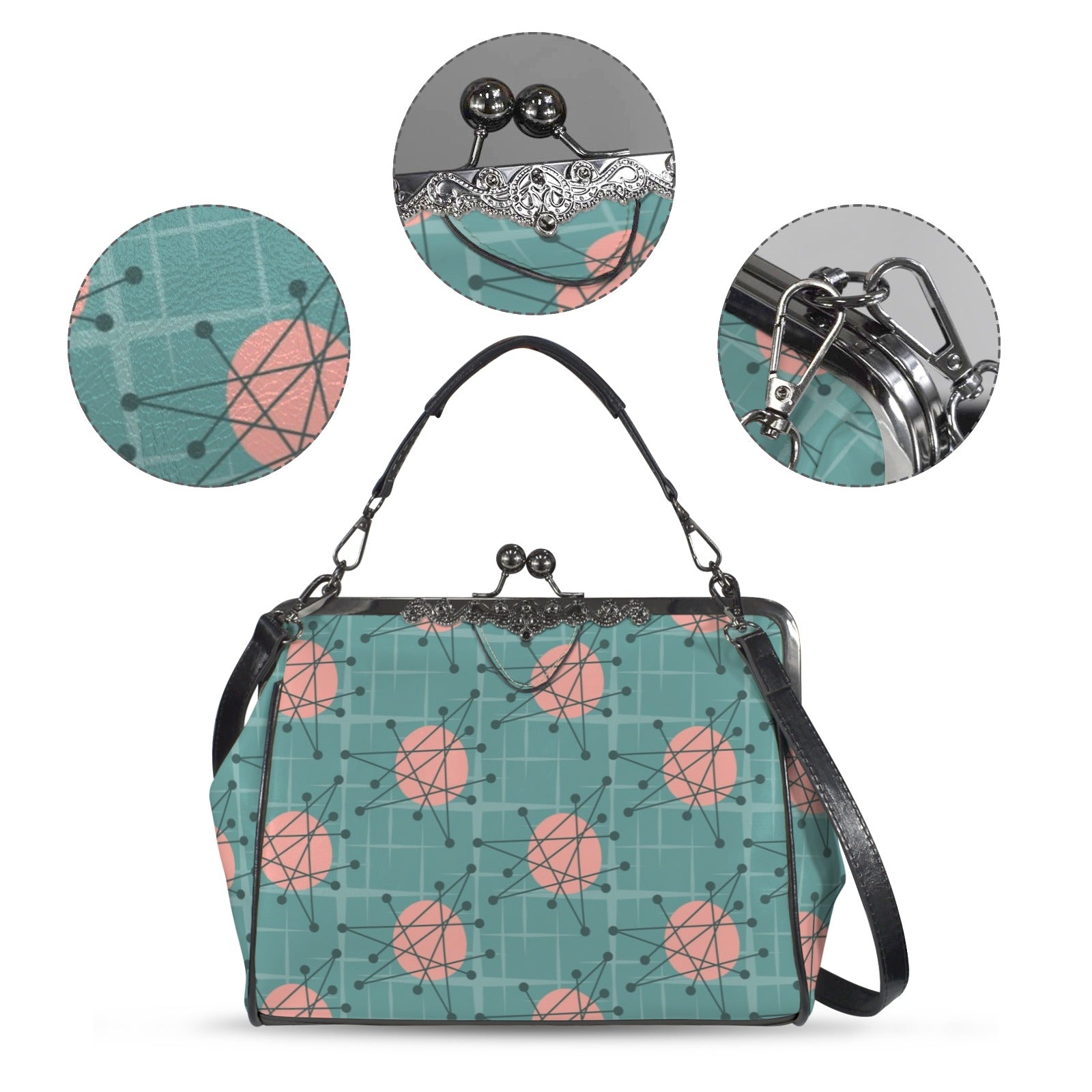 Mid Century Modern Atomic Starburst Teal Pink Kisslock Crossbody Purse - Mid Century Modern Gal