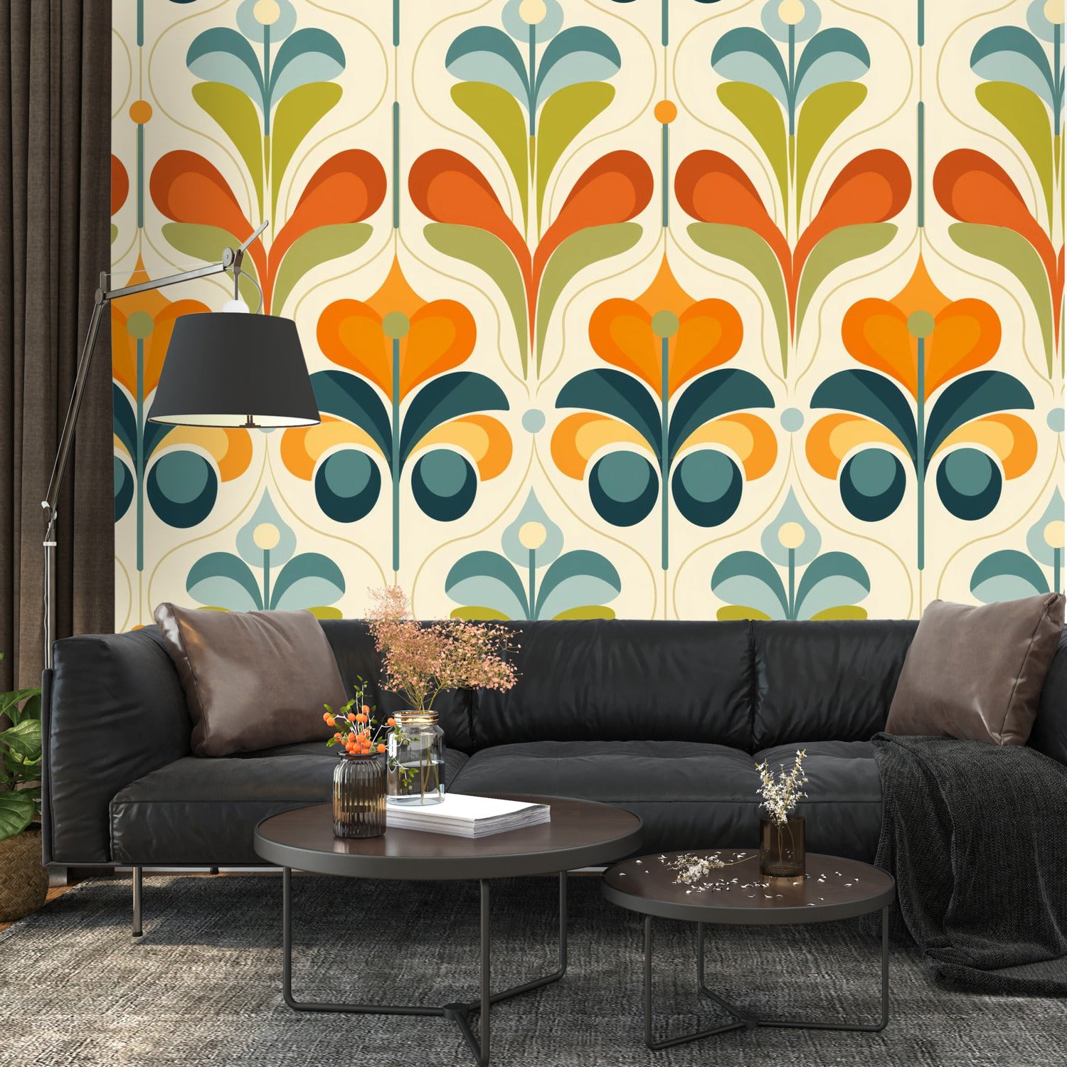 Scandinavian Floral Orange Blue, Green, Mid Mod Peel And Stick Wall Murals - Mid Century Modern Gal