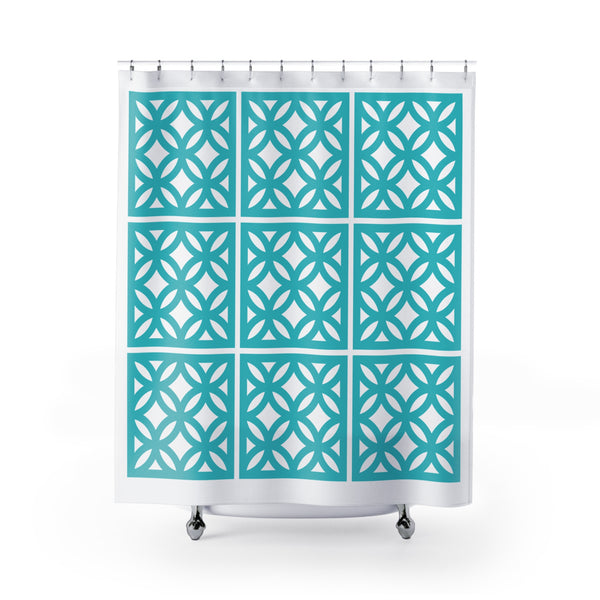 Mid Century Modern 50s Breezeblock Modern Geometric Shower Curtains, Aqua Blue Bath Decor