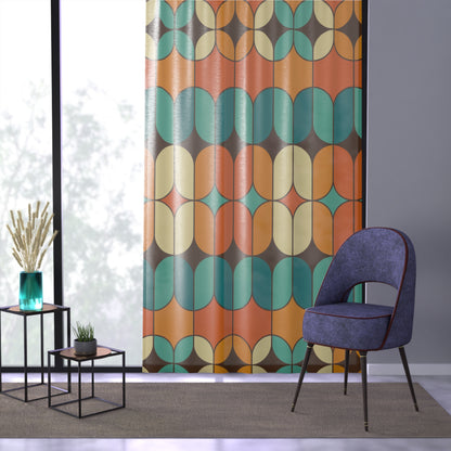 Mid Mod Geometric Bold Beautiful, Orange Teal, Sheer Atomic Living Window Curtain - Mid Century Modern Gal