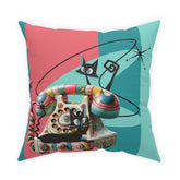 Atomic Cat Quirky Retro Rotary Phone, Kitschy Mid Mod, Pink, Aqua, Teal Broadcloth Pillow - Mid Century Modern Gal