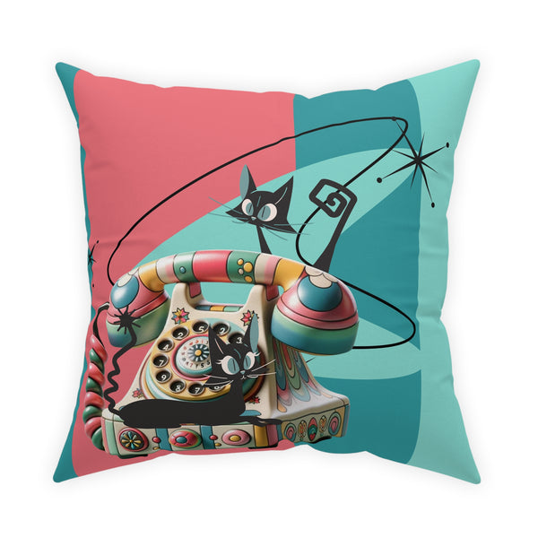 Atomic Cat Quirky Retro Rotary Phone, Kitschy Mid Mod, Pink, Aqua, Teal Broadcloth Pillow