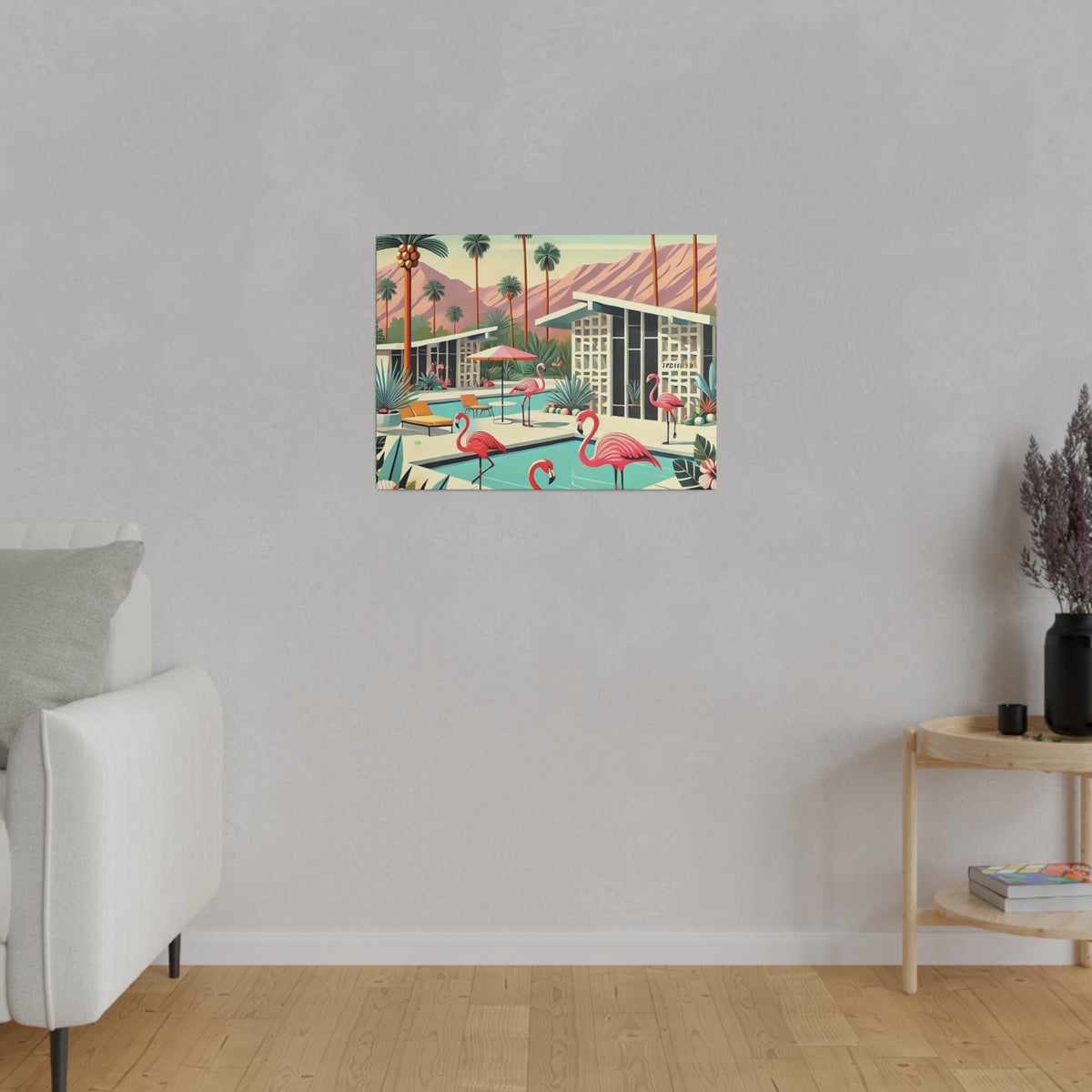 Mid-century modern wall art featuring flamingos and Palm Springs architecture in pastel colors, perfect for retro decor.