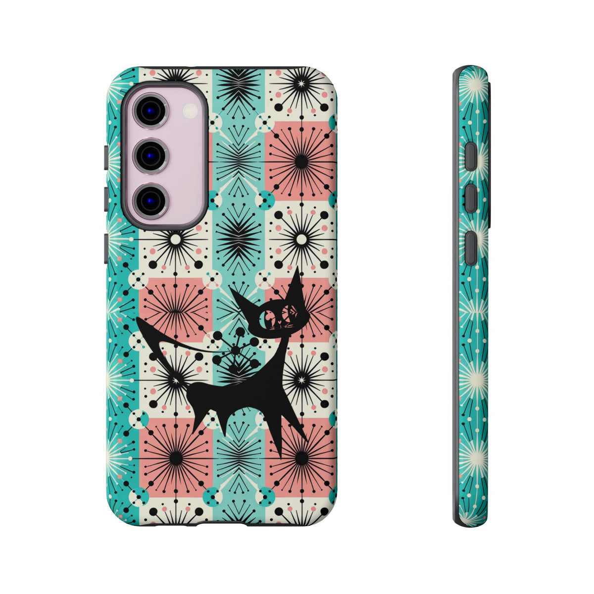 Atomic Kitschy Cat, Mid Century Modern Pink, Aqua Starbursts Tough Phone Case