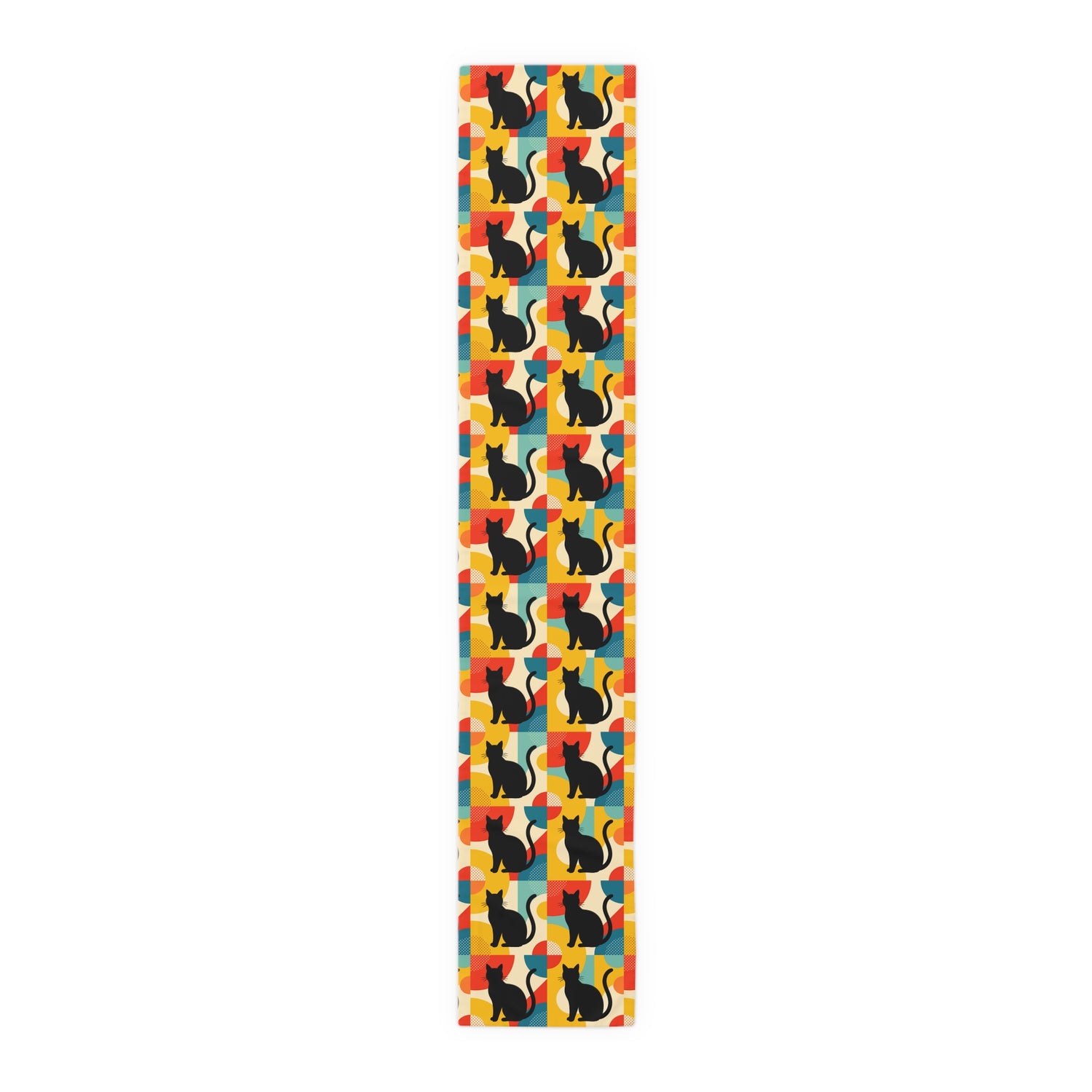 Pop Art Black Atomic Cats, Red Blue Yellow, Table Runner - Mid Century Modern Gal