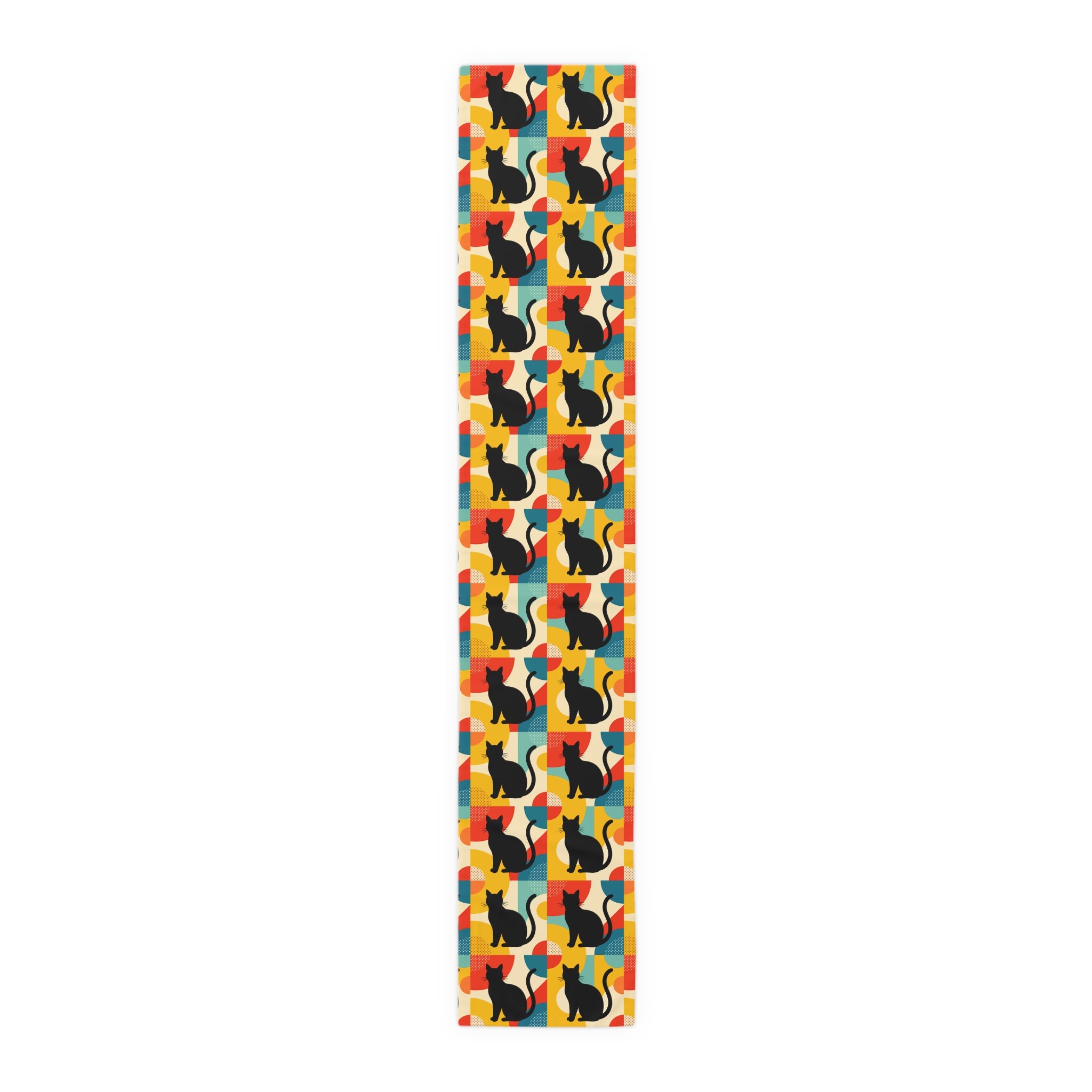 Pop Art Black Atomic Cats, Red Blue Yellow, Table Runner - Mid Century Modern Gal