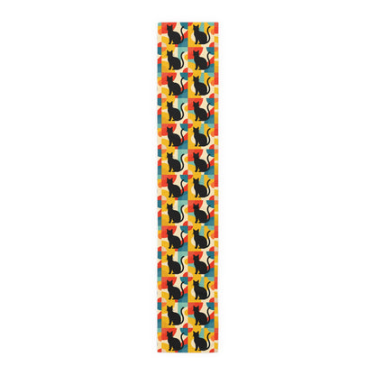 Pop Art Black Atomic Cats, Red Blue Yellow, Table Runner - Mid Century Modern Gal