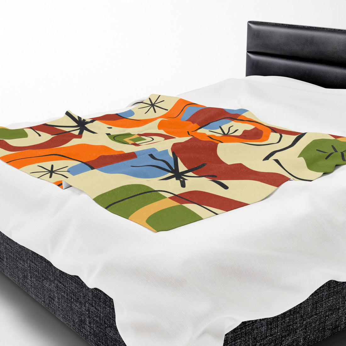 Retro Geo Pattern THIN Cozy, Warm Mid Century Modern Groovy Green, Orange, Blue, Black, Light Beige Background Velveteen Plush Blanket - Mid Century Modern Gal