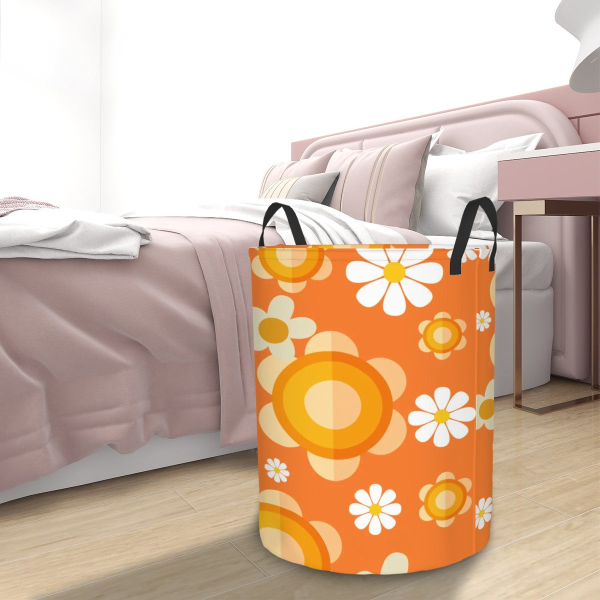 Retro Flower Power Orange Mod Daisy Circular Laundry Basket