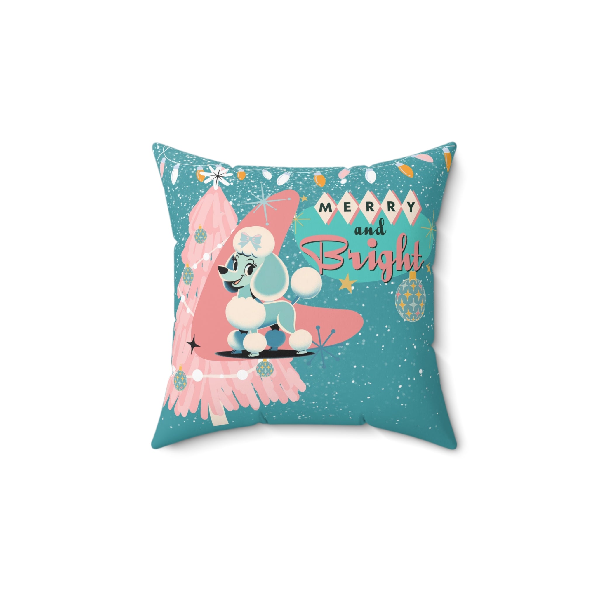 Mid Century Modern 50s Holiday Kitsch Poodle Merry And Bright, Aqua Pink Christmas Pillow And Insert - Mid Century Modern Gal