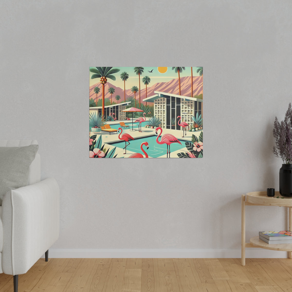 Mid-century modern wall art featuring flamingos and Palm Springs scenery, capturing vibrant colors and retro design elements.