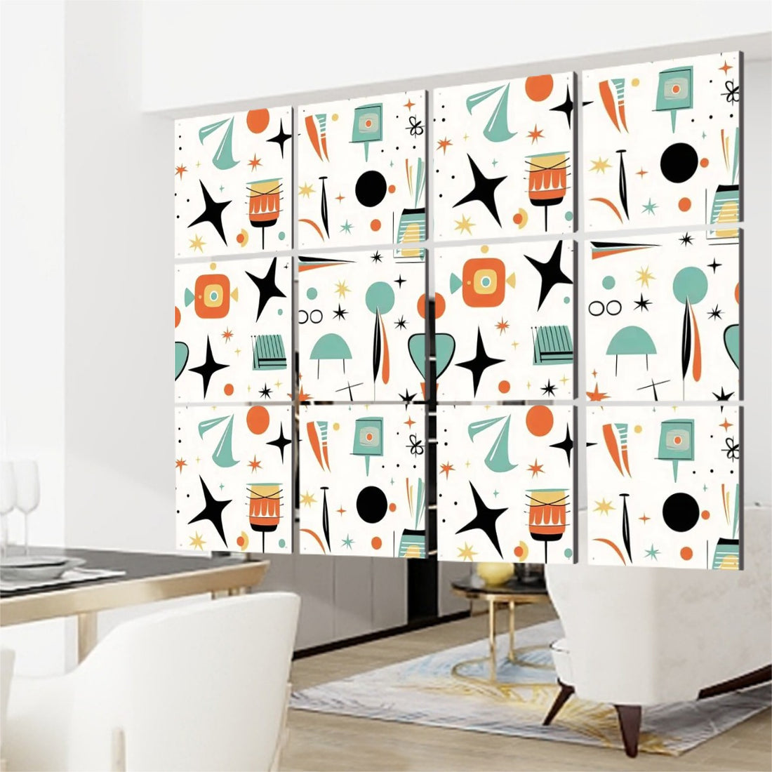 Mid Century Modern Hanging Room Divider In Sputnik, Mod Design, One Side Print