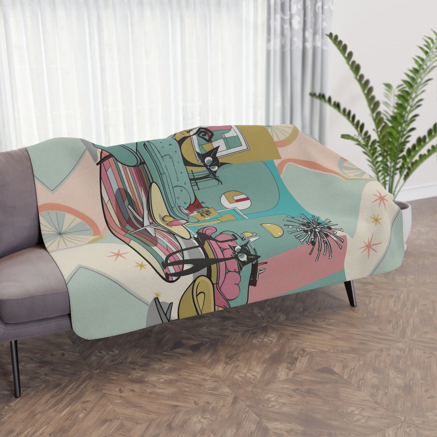 Atomic Cats, Lounging Cozy Cat Mid Century Modern Kitschy Mod Blanket - Mid Century Modern Gal