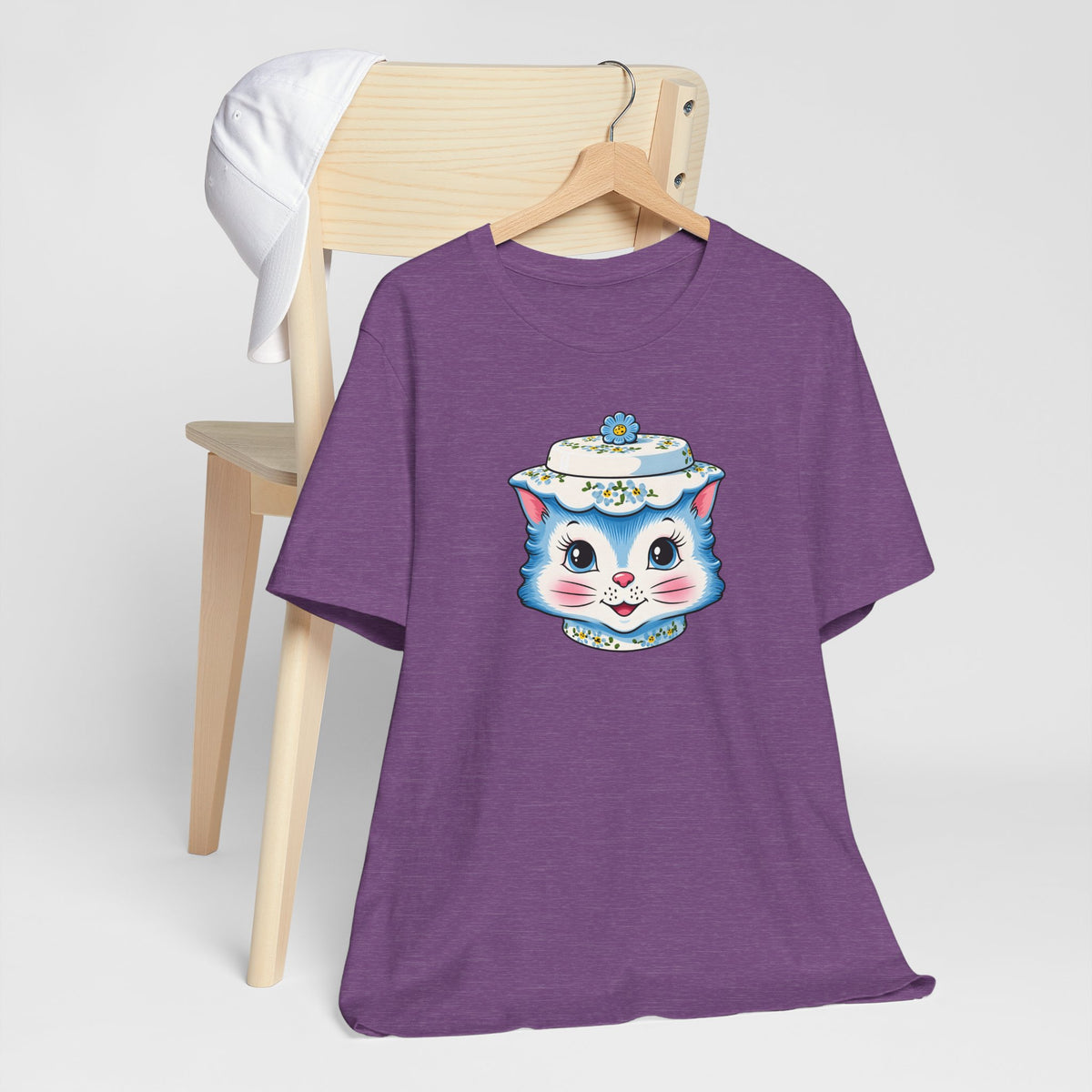 Mid Century Modern Kitschy Anthropomorphic Blue Cat with Floral Hat Unisex T-Shirt