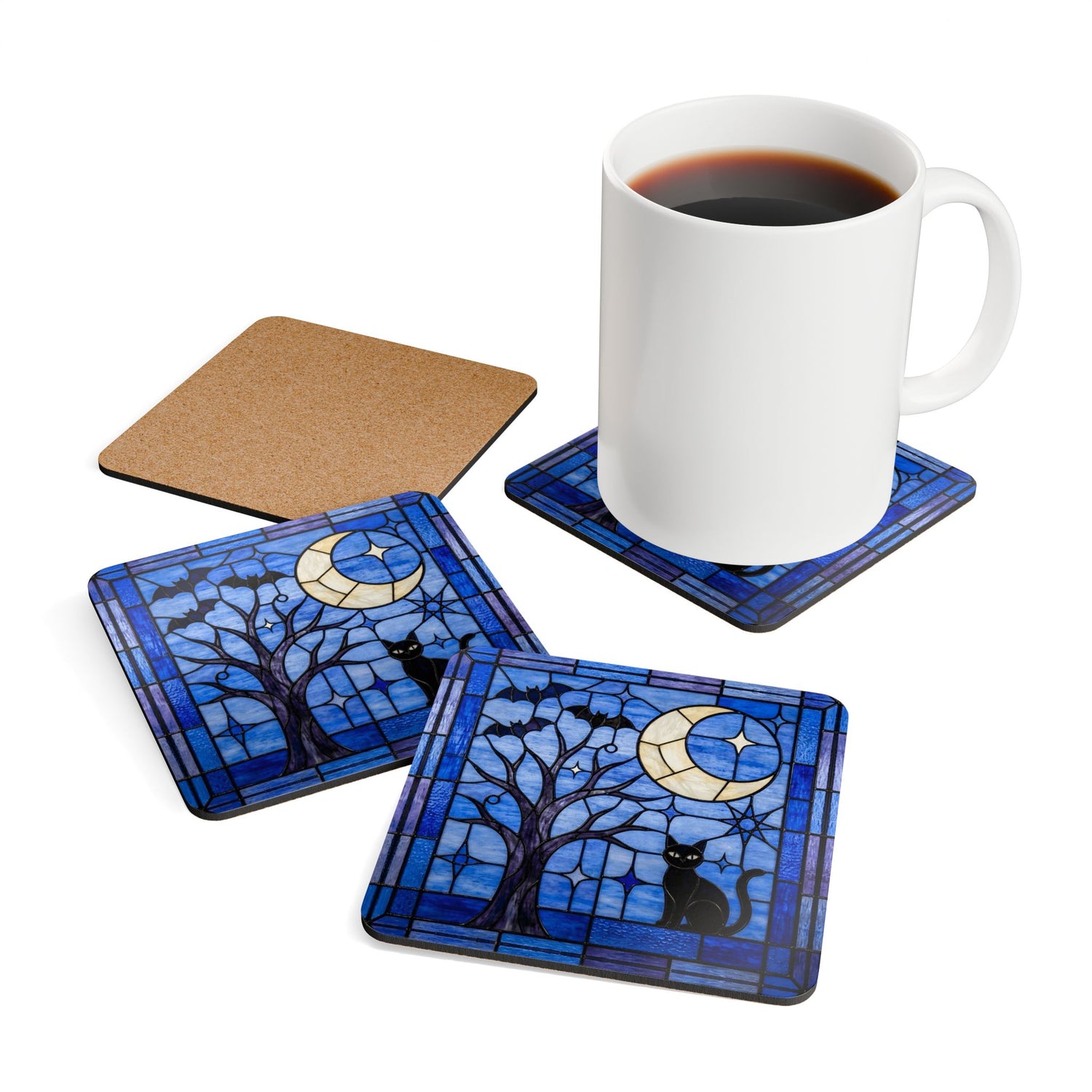 Halloween Stained Glass Style Night Sky Black Cat Corkwood Coaster Set