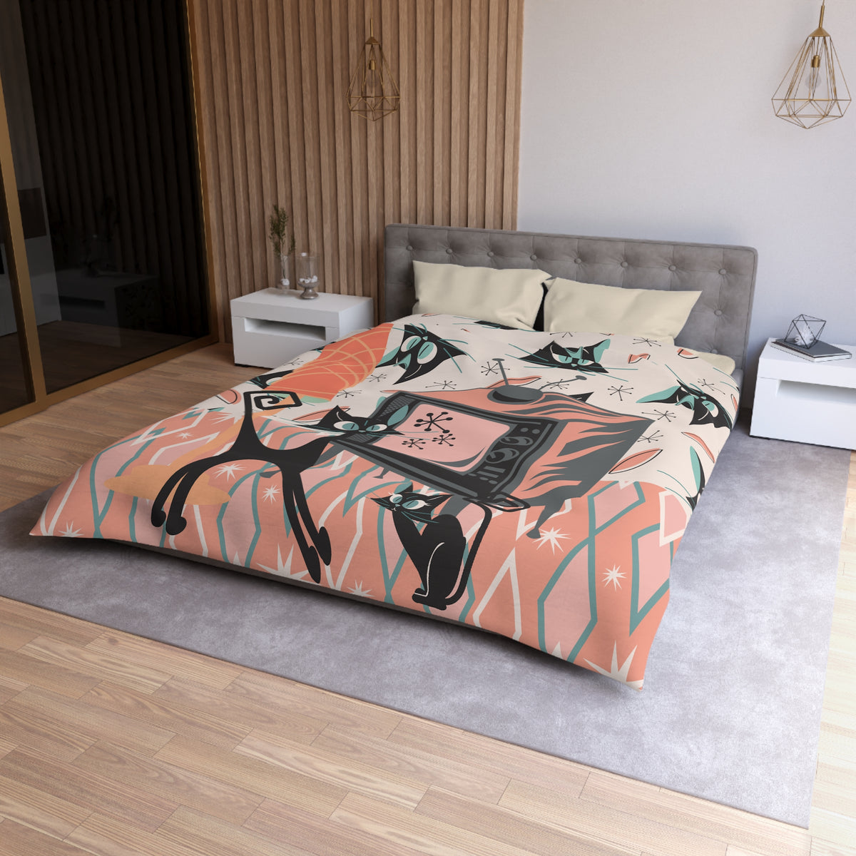 Mid Century Modern Bedding, Atomic Kitschy Cat, Retro TV, Whimsical Fun Quirky Bedroom Decor, In Coral Pink, Teal, Creamy Beige - Mid Century Modern Gal