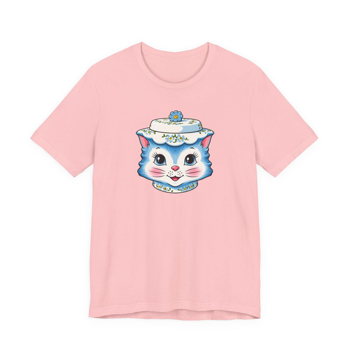 Mid Century Modern Kitschy Anthropomorphic Blue Cat with Floral Hat Unisex T-Shirt