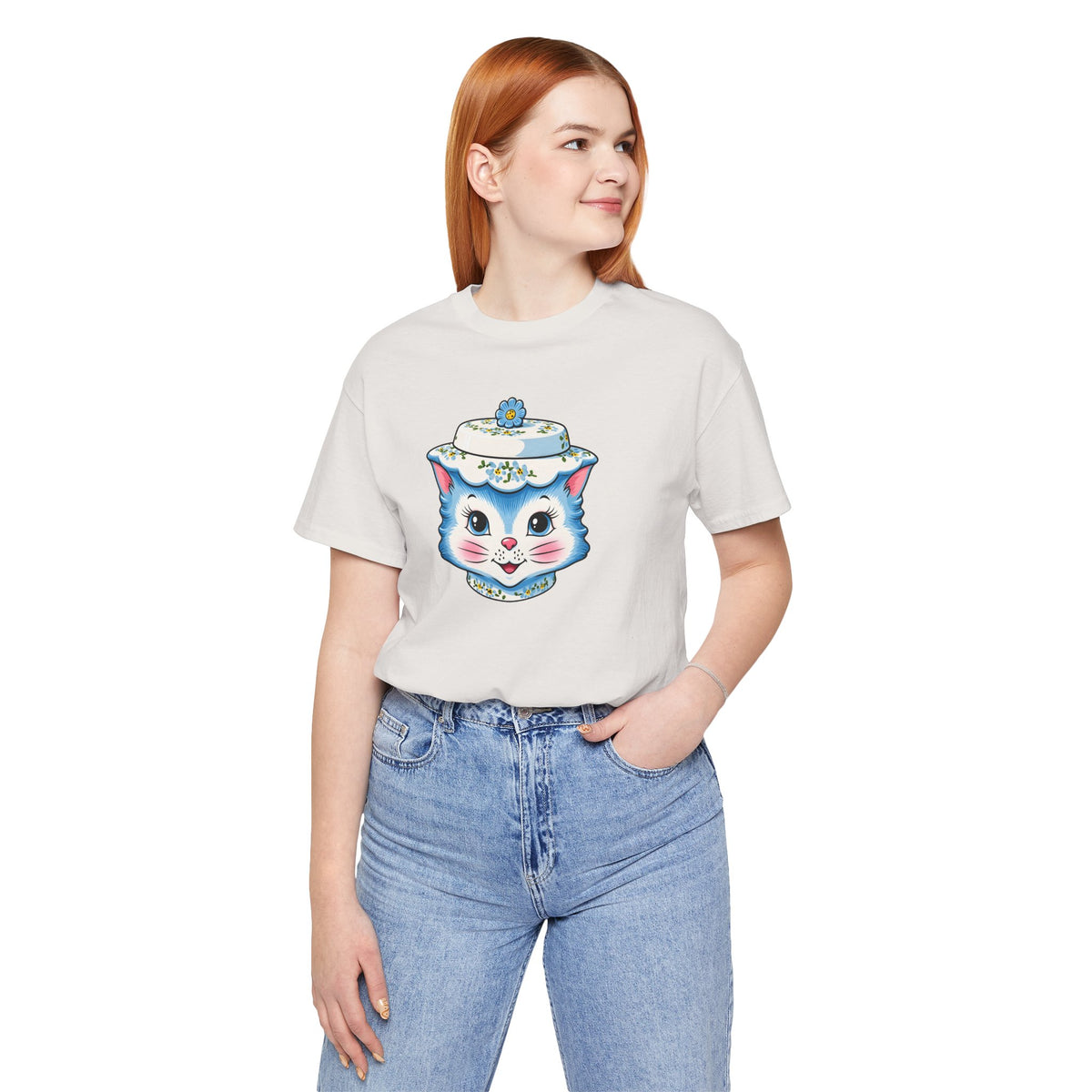 Mid Century Modern Kitschy Anthropomorphic Blue Cat with Floral Hat Unisex T-Shirt