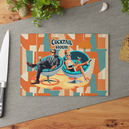 Mid Century Modern Barware Tabletop Glass Cutting Board With Mod 60s Couple,Retro Cocktail Hour - Mid Century Modern Gal