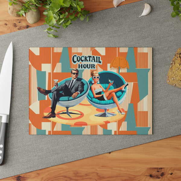 Mid Century Modern Barware Tabletop Glass Cutting Board With Mod 60s Couple,Retro Cocktail Hour