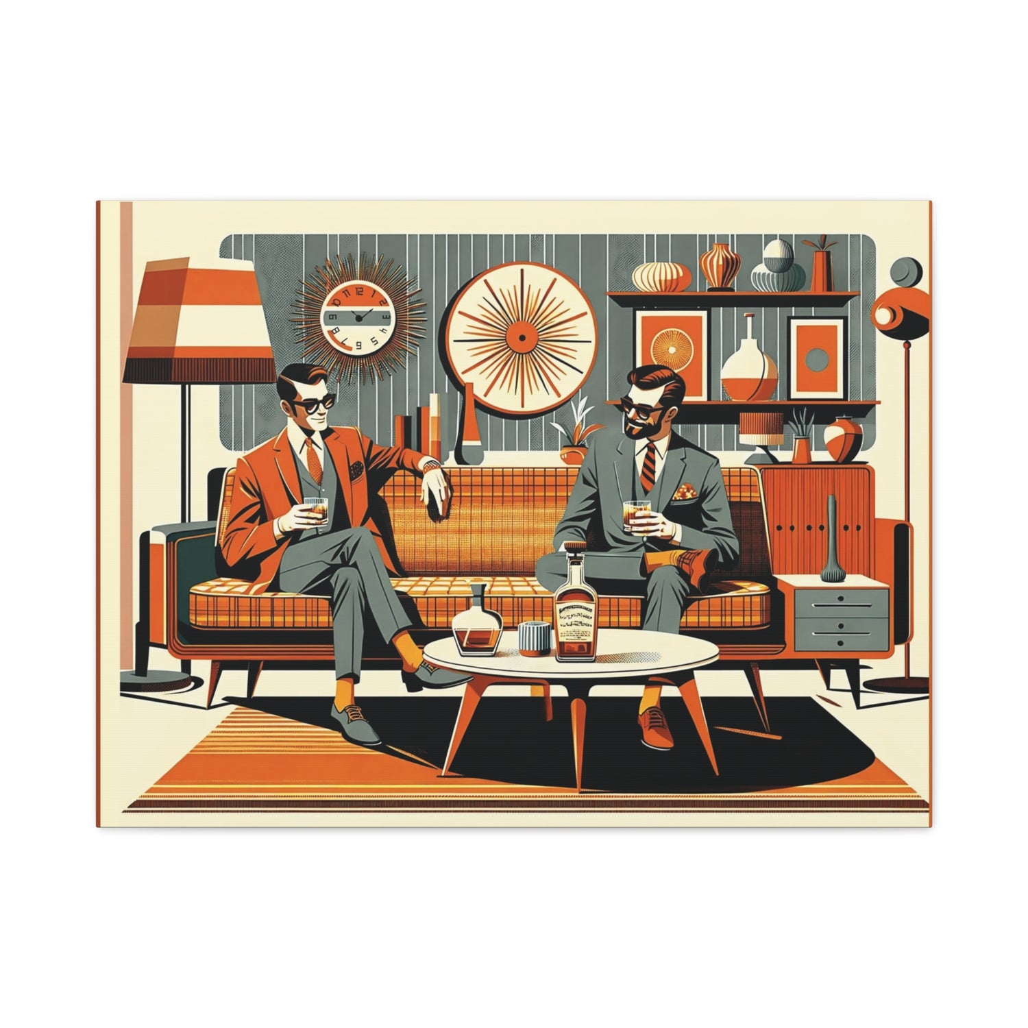 Mid Century Modern Mod Dude, Gay Male Couple Drinking Bourbon, MCM Art