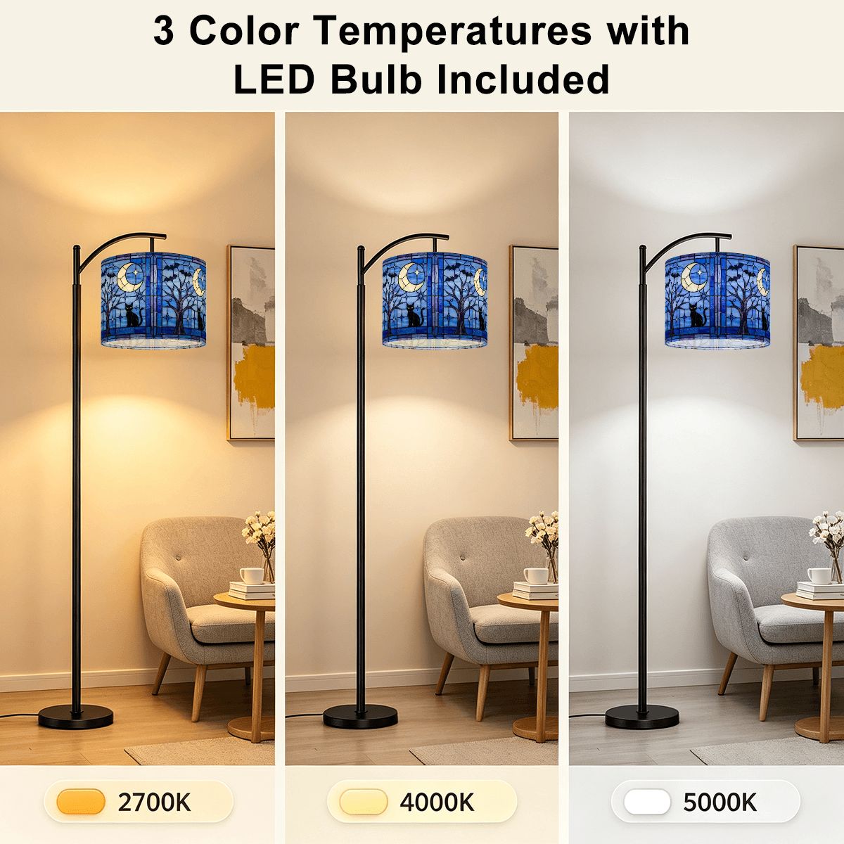 Halloween Stained Glass Style Night Sky Black Cat Arc Floor Lamp