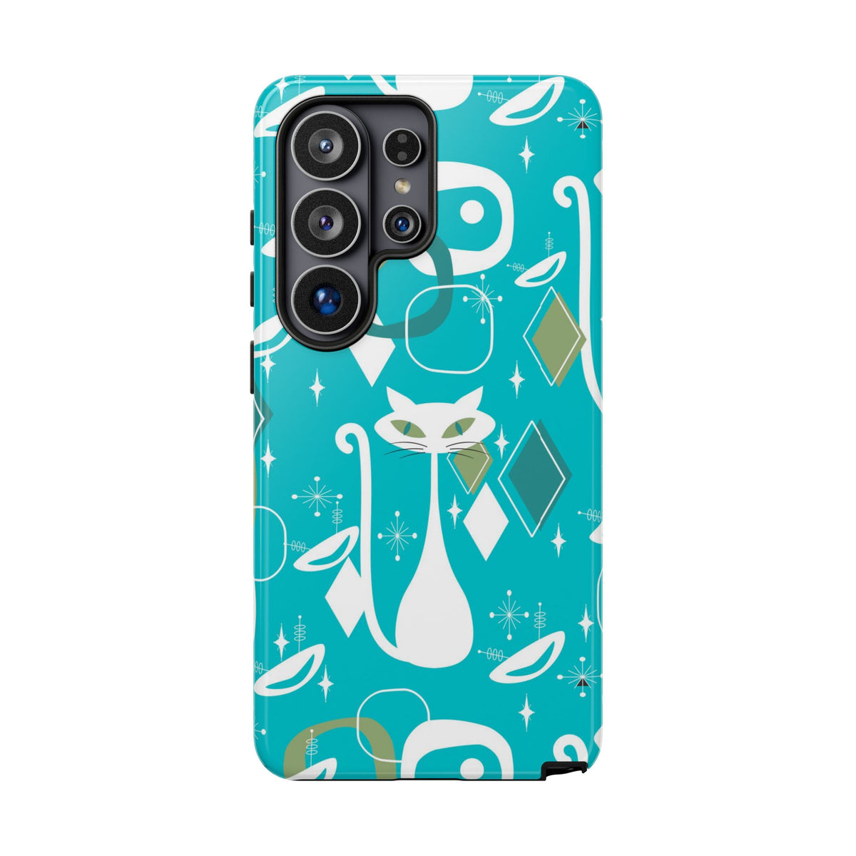 Atomic Cat Space Designs, Mid Century Modern, Aqua, White Kitschy Cat Tough Phone Case