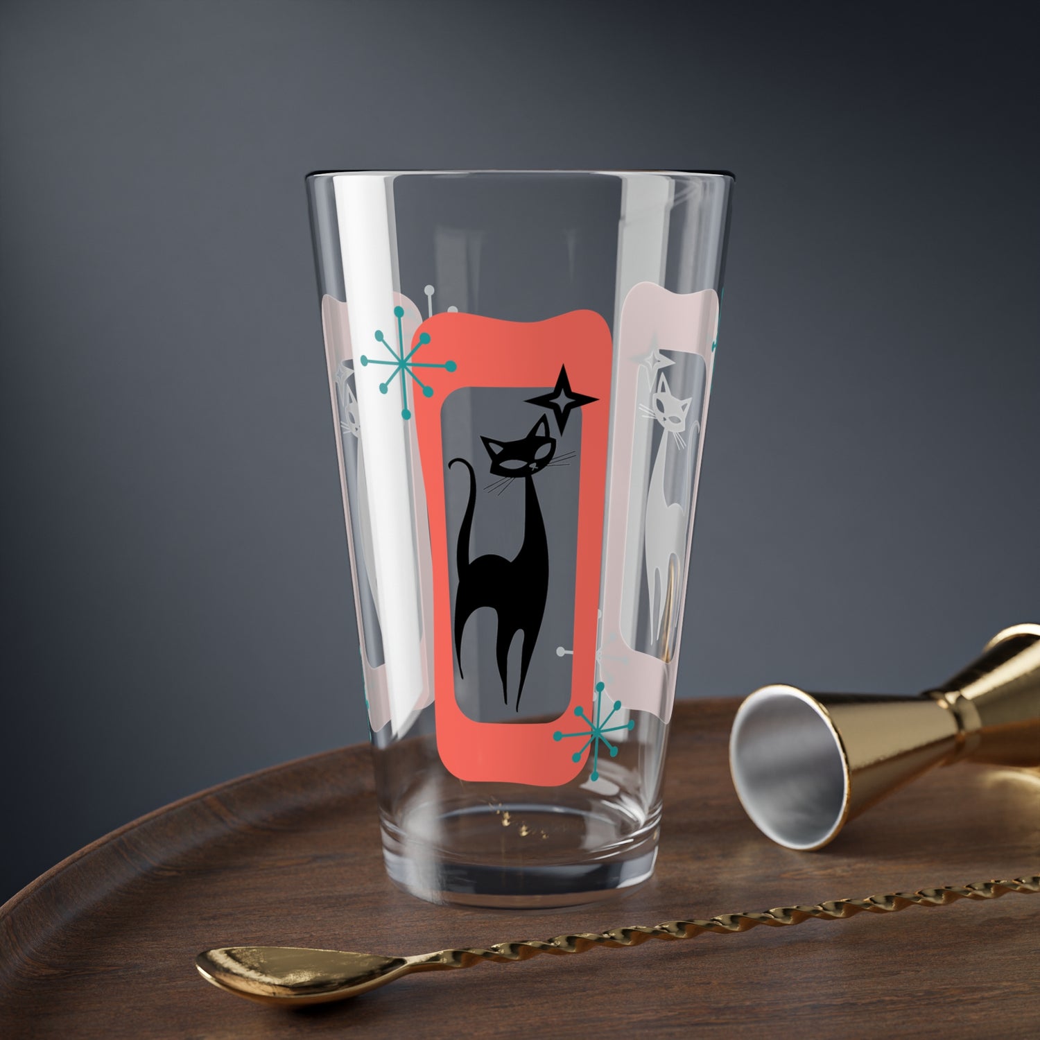 MCM Atomic Cat Mid Century Modern Barware, Shaker Glass, MCM Retro Cat - Mid Century Modern Gal