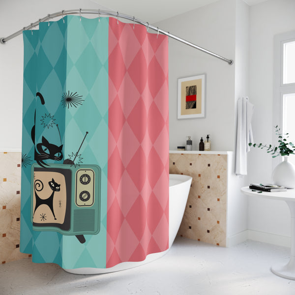 Atomic Kitschy Cat, Mid Mod Pink, Teal, Mint Green, Retro Shower Curtain