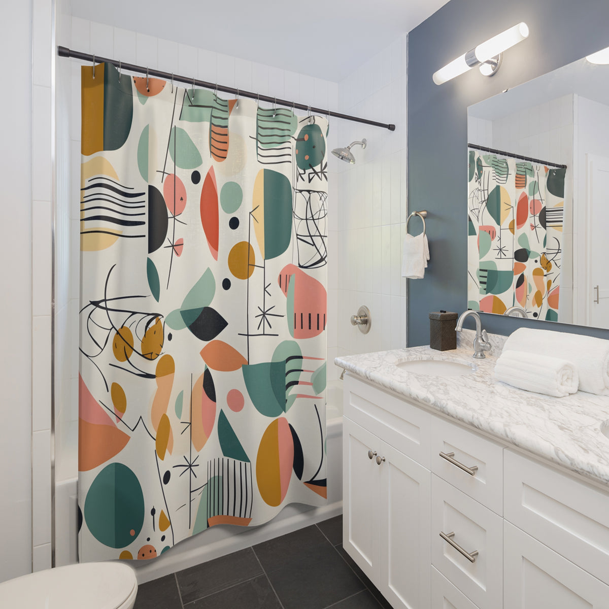 Mid Century Modern Shower Curtain, Abstracts, Geometric, MCM Teal, Orange, Colorful Design - Mid Century Modern Gal
