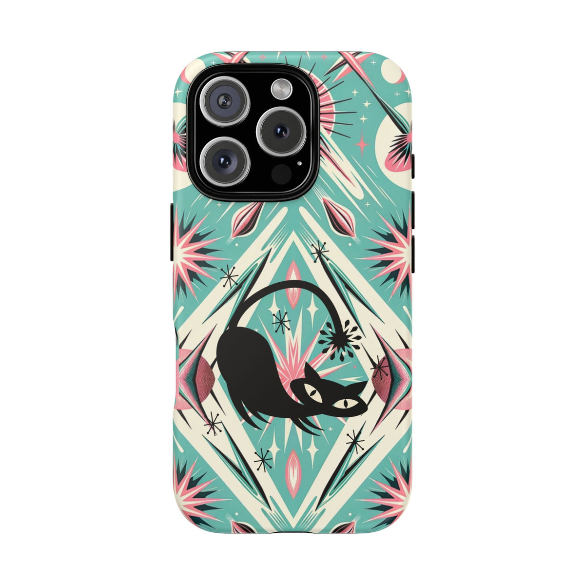 Atomic Cat, Mid Century Modern Aqua Blue, Pink, Starbursts Tough Phone Case