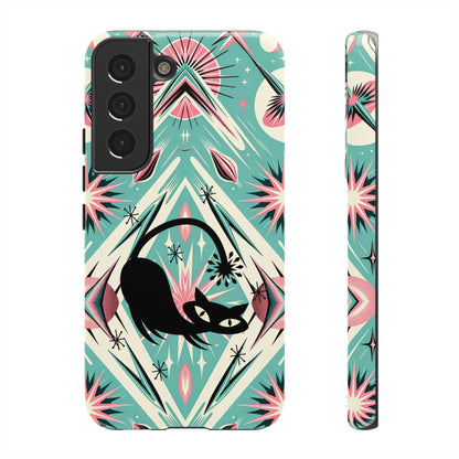 Atomic Cat, Mid Century Modern Aqua Blue, Pink, Starbursts Tough Phone Case
