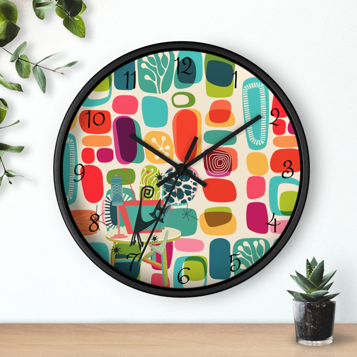 Mid Mod Amoeba Design With Kitschy Atomic Cat, Quirky Fun Retro Wall Clock