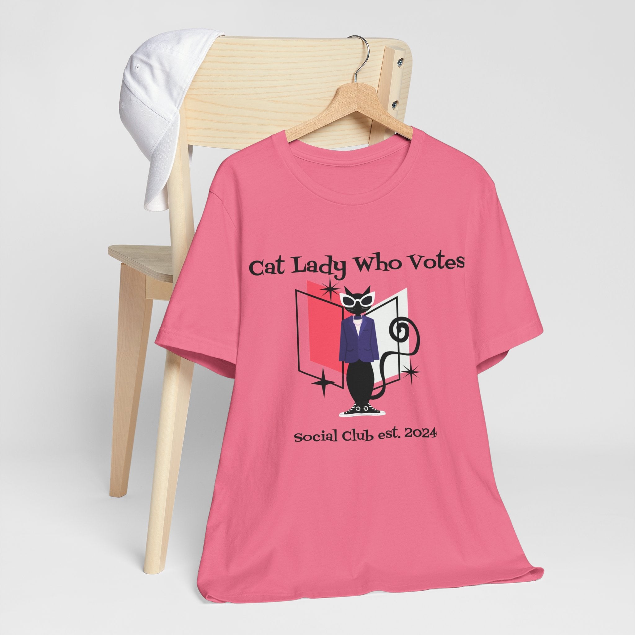 Cat Lady Who Votes Against Fascism, Vote 2024 Atomic Cat Kitschy Cute Retro Tee