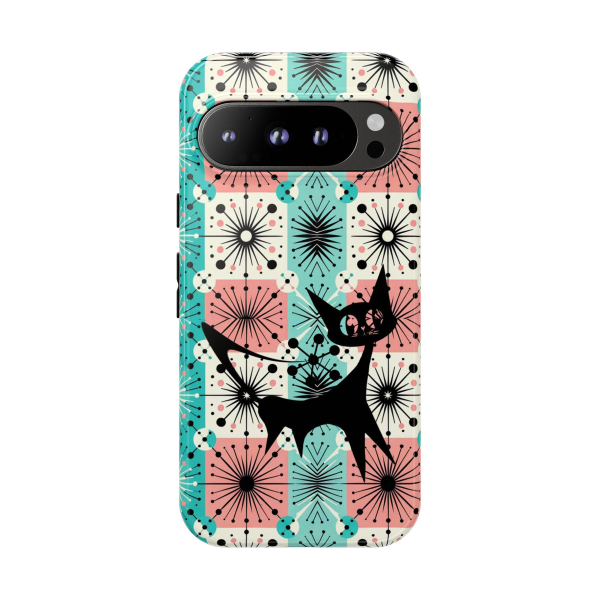 Atomic Kitschy Cat, Mid Century Modern Pink, Aqua Starbursts Tough Phone Case