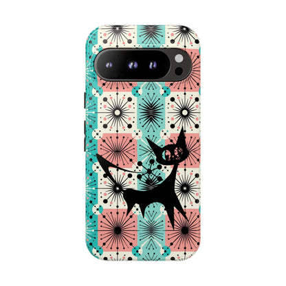 Atomic Kitschy Cat, Mid Century Modern Pink, Aqua Starbursts Tough Phone Case