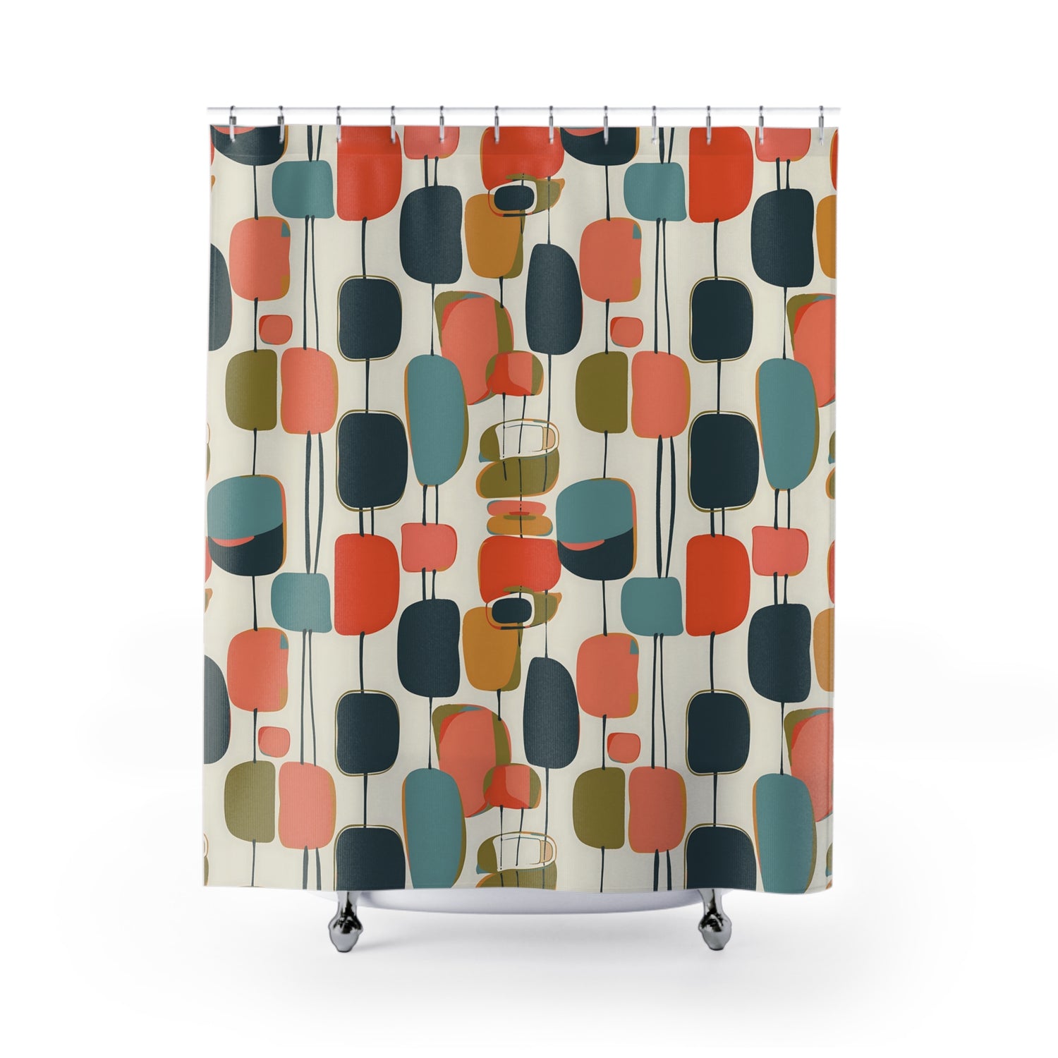 Mid Century Modern Shower Curtain, Abstracts, Geometric, MCM Teal, Orange, Aqua, Navy Blue Colorful Design Shower Curtain